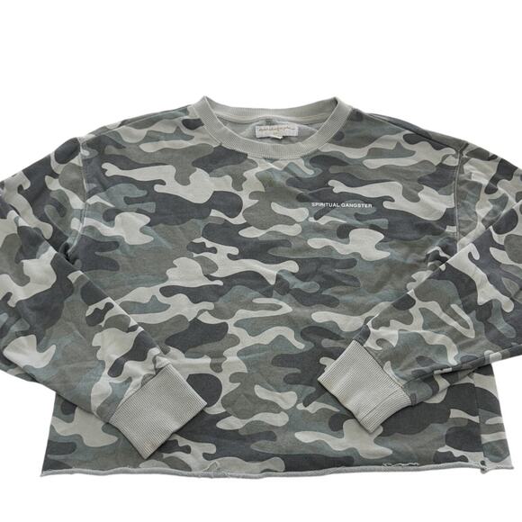 Spiritual Gangster Sweater Womens Small Mazzy Camo Sweatshirt Crewneck Raw Hem - Picture 2 of 9